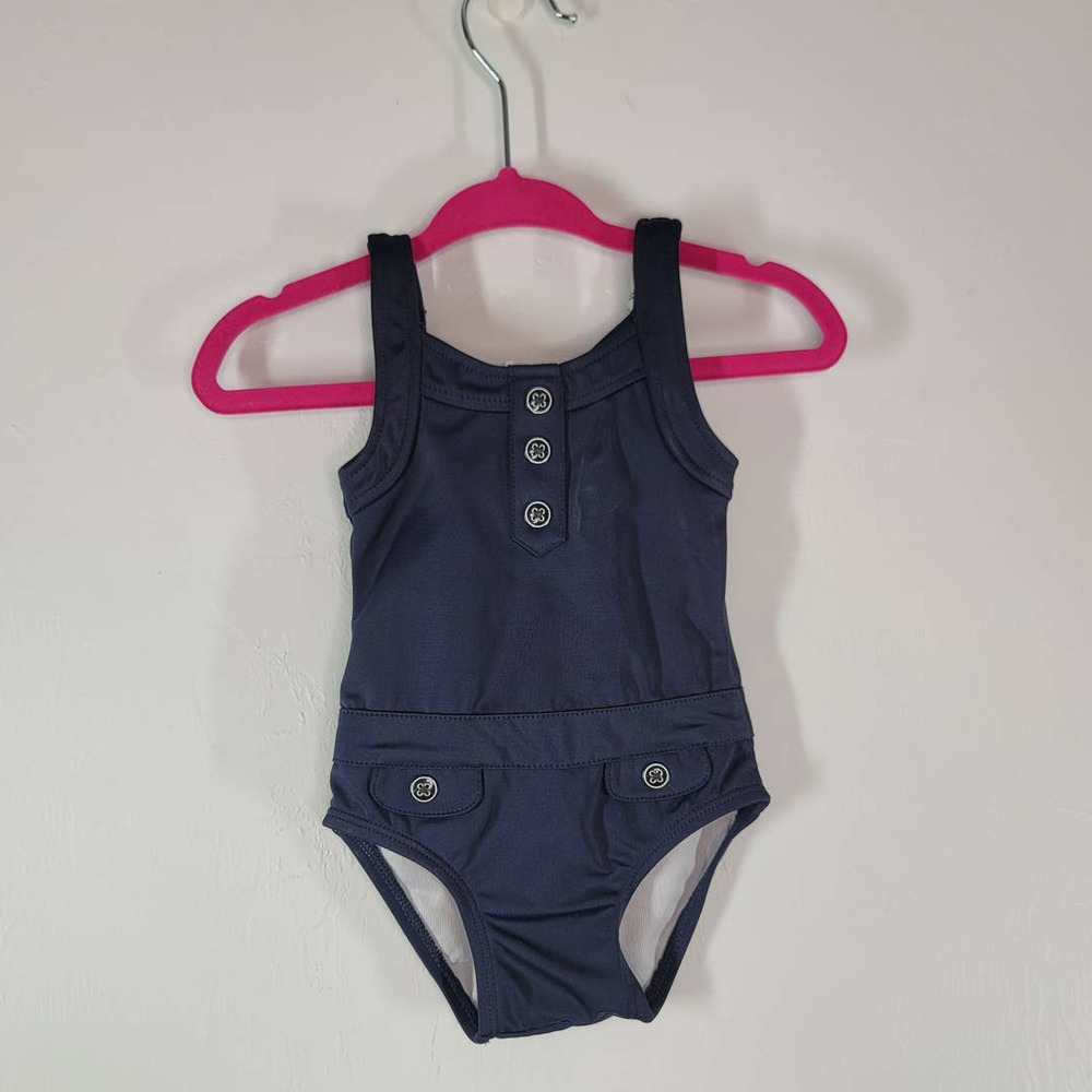 Janie And Jack Bodysuit 3-6 Mos. Sleeveless Button Front W/ Pockets Stretch Blue